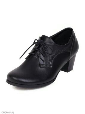 Women's Chunky Heel Oxfords Lace Up PU Square Toe Block Heel Brogues